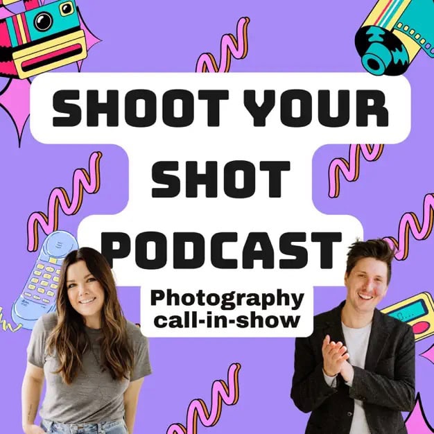 Photography podcast promotional graphic with two hosts.