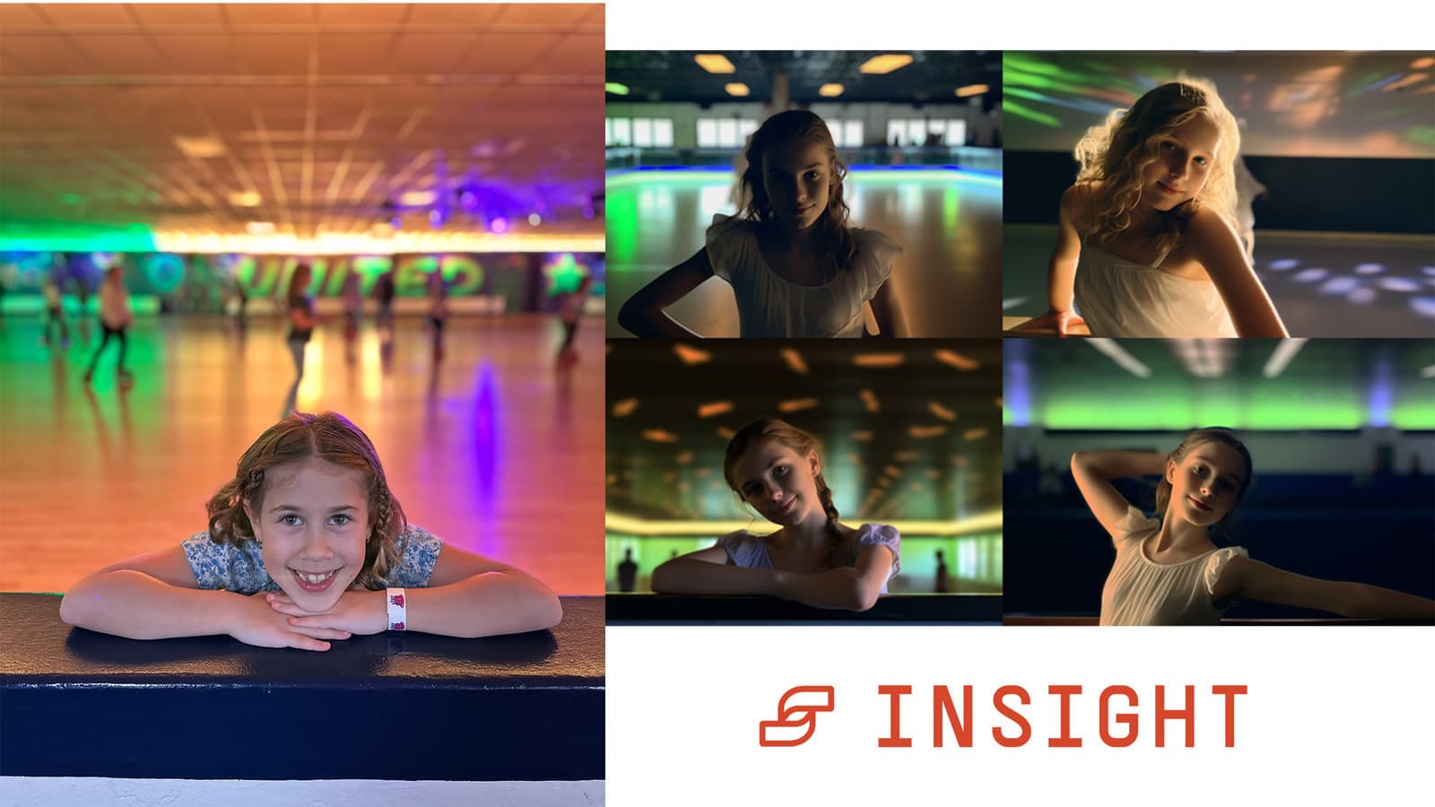 Collage of girl enjoying roller skating rink at different angles